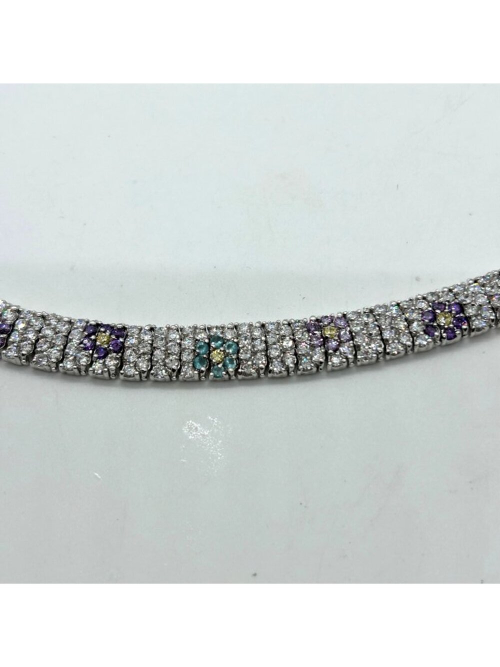 Vintage Rhinestone Tennis Bracelet Multicolor Flower Design W/ Safety Clasp 7.5" - Picture 4 of 16